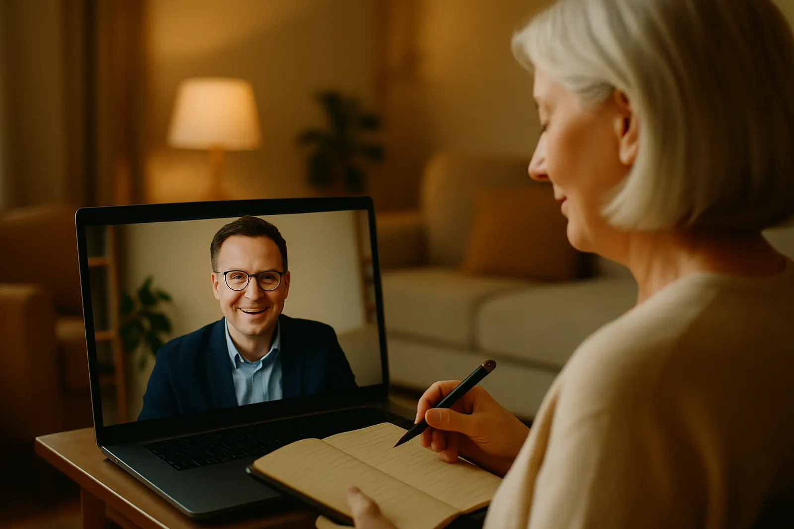 Eine Frau spricht per Videoanruf mit ihrem Ansprechpartner und macht sich Notizen