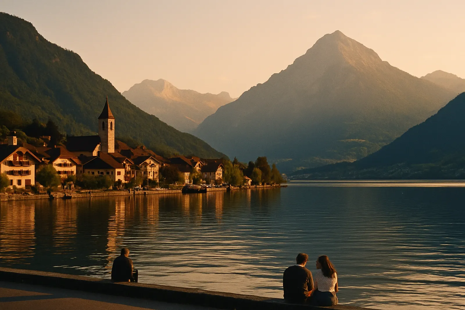Ein Alpensee mit kleiner Stadt im Abendlicht