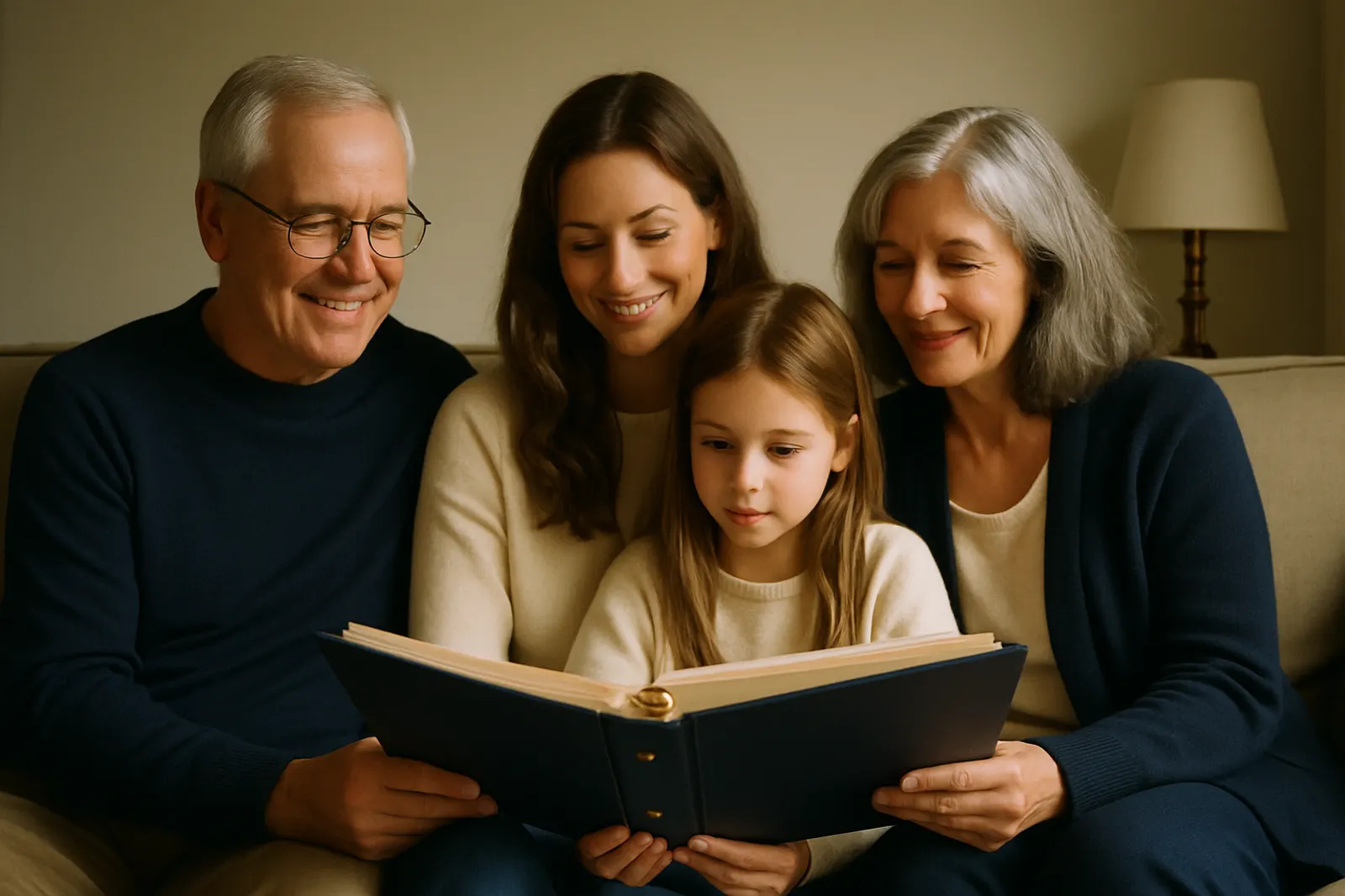 Drei Generationen einer Familie sitzen auf dem Sofa und sehen gemeinsam in einen Ordner