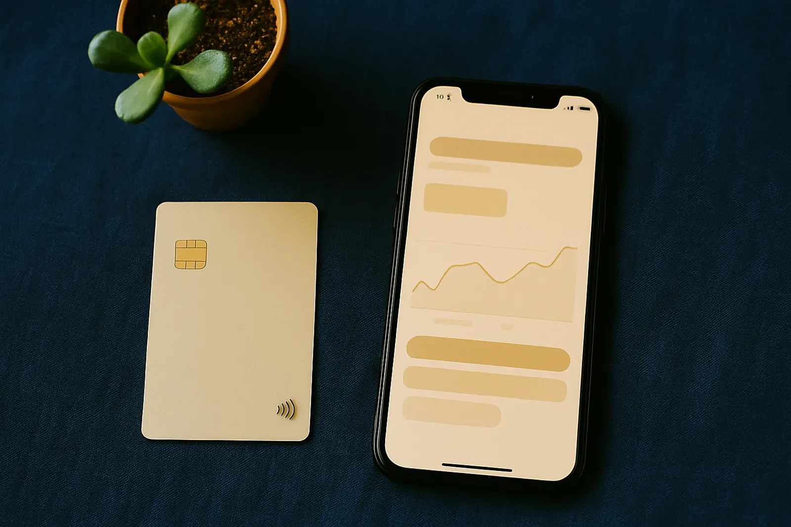 Eine Bankkarte und ein Smartphone mit Banking-App auf blauem Stoff