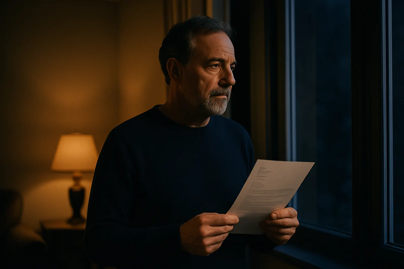 Ein Mann um die 55 steht abends am Fenster und liest nachdenklich einen Brief seiner Bank
