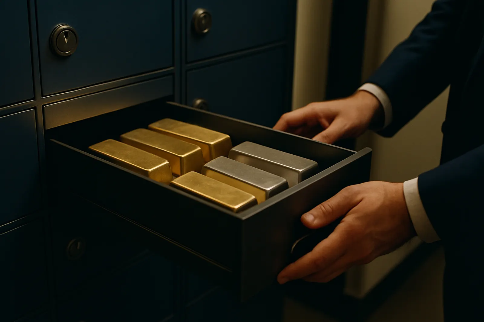 Gold- und Silberbarren in einem Tresorfach